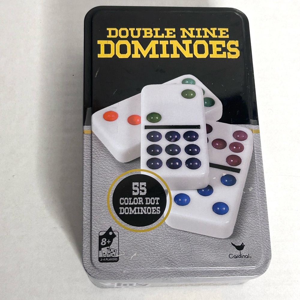 USED Cardinal Double 9 Dominoes Tin Set - Missing 1 Domino (54 Total)